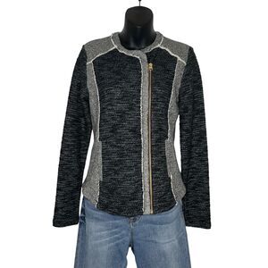 LUCKY BRAND Women’s SMALL‎ Full Zip Moto Knit Sweater/Jacket  Pockets Black Gray
